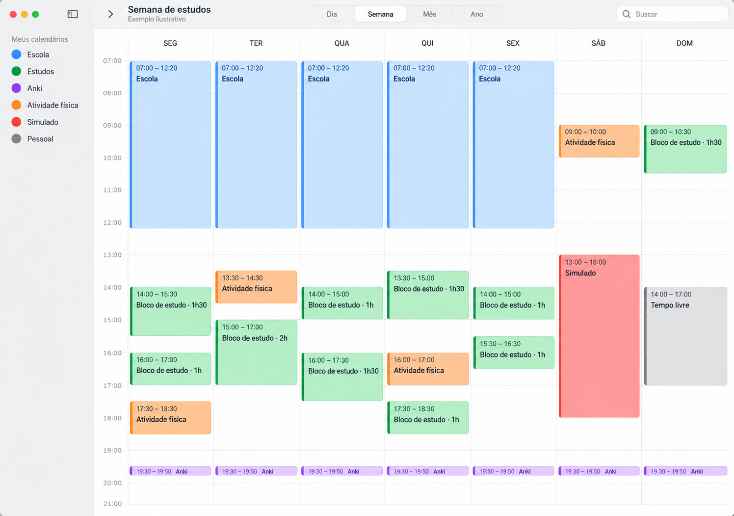 Exemplo fictício de uma semana no calendário, com aulas da escola, blocos de estudo de durações variadas, Anki, atividade física e simulado.